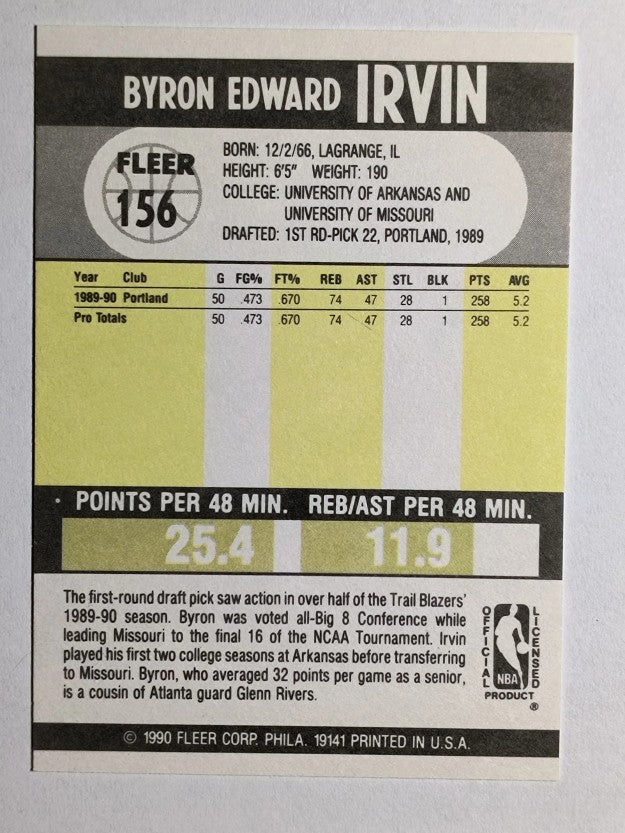 1990-91 Fleer #156 Byron Irvin