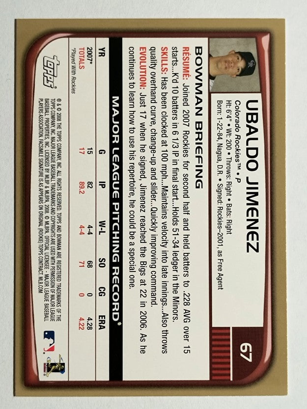 2008 Bowman Gold #67 Ubaldo Jimenez