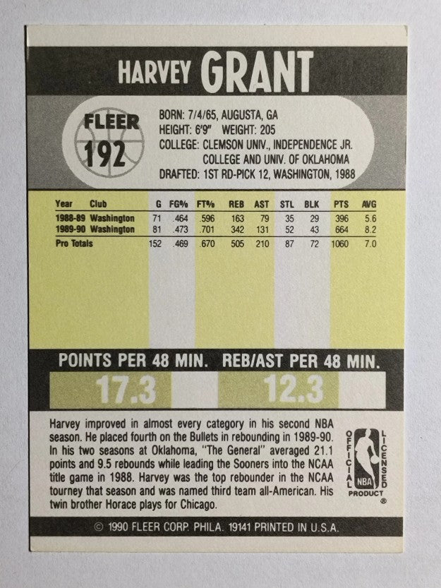 1990-91 Fleer #192B Harvey Grant/First name on card front in white