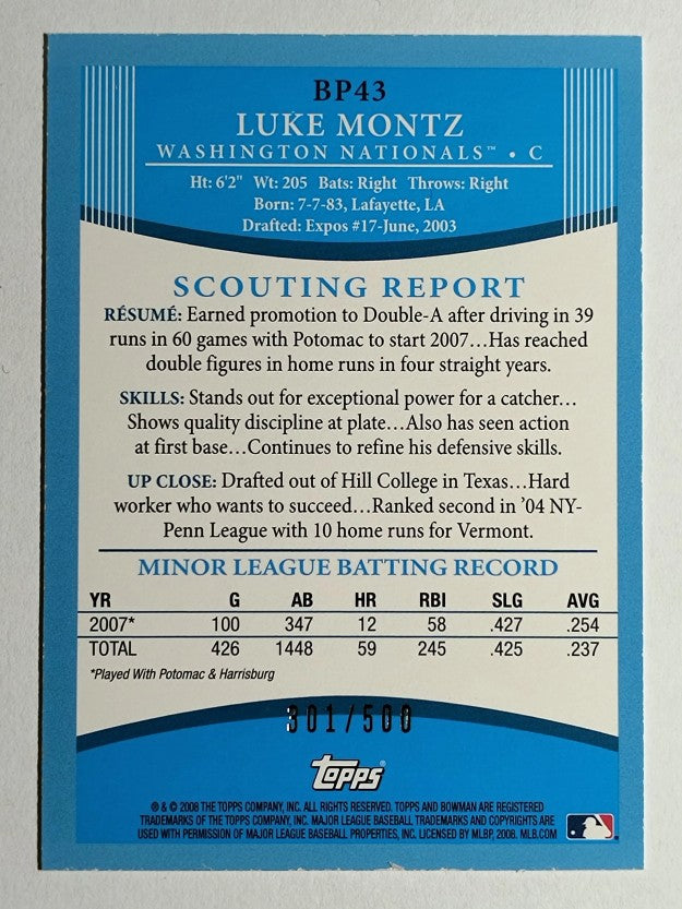 2008 Bowman Prospects Blue #BP43 Luke Montz