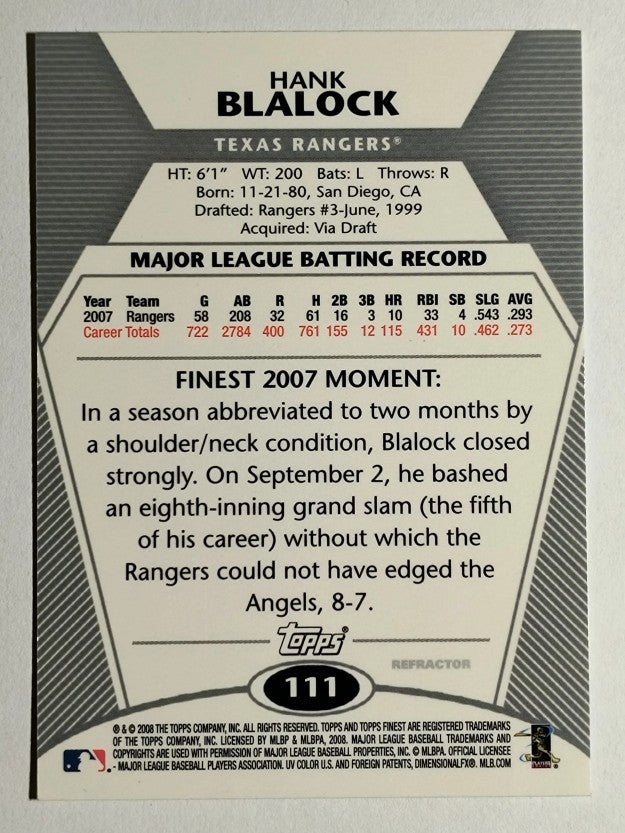 2008 Finest Refractors #111 Hank Blalock