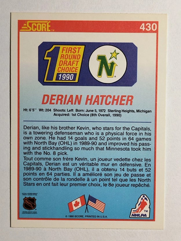 1990-91 Score Canadian #430 Derian Hatcher RC