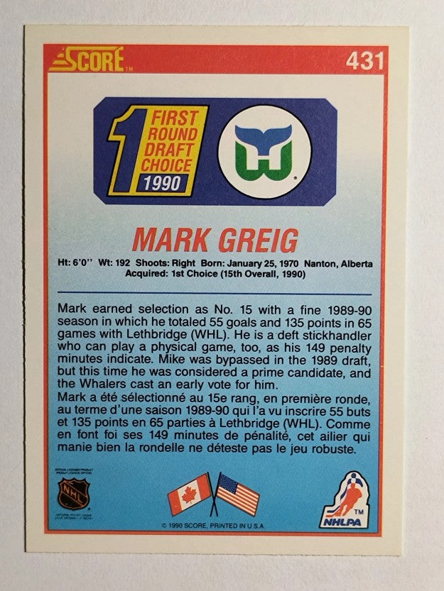 1990-91 Score Canadian #431 Mark Greig RC