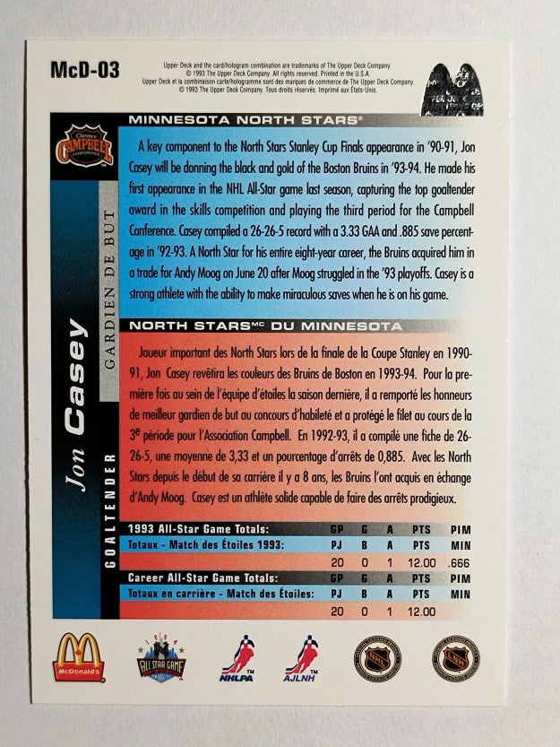 1993-94 McDonald's Upper Deck #3 Jon Casey