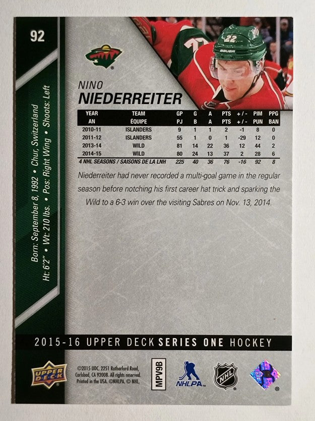 2015-16 Upper Deck #92 Nino Niederreiter