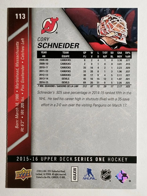 2015-16 Upper Deck #113 Cory Schneider