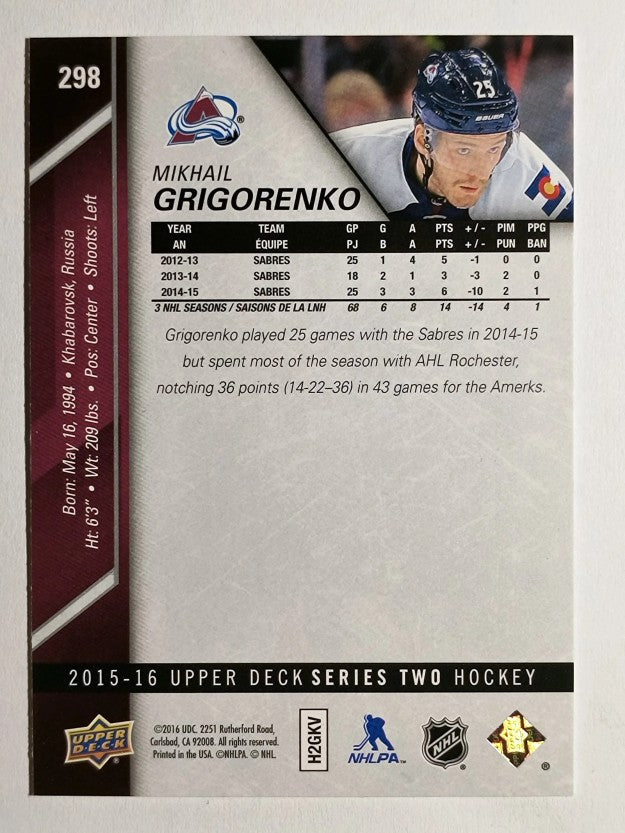 2015-16 Upper Deck #298 Mikhail Grigorenko