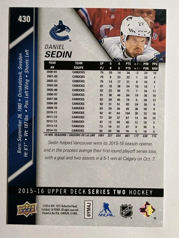 2015-16 Upper Deck #430 Daniel Sedin