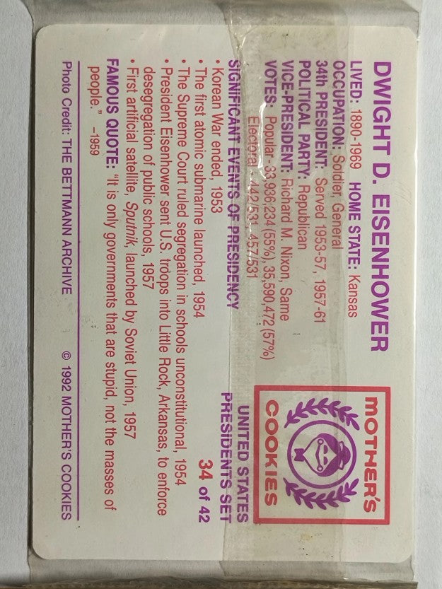 1992 Mother's Cookies U.S. Presidents #34 Dwight D. Eisenhower