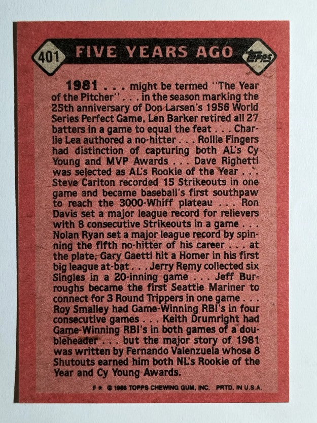 1986 Topps #401 Fernando Valenzuela TBC '81