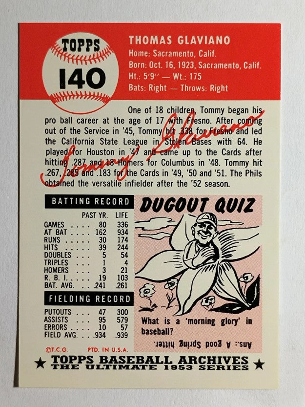 1991 Topps Archives '53 #140 Tommy Glaviano