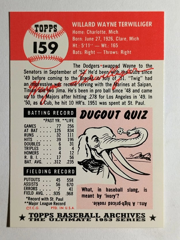1991 Topps Archives '53 #159 Wayne Terwilliger