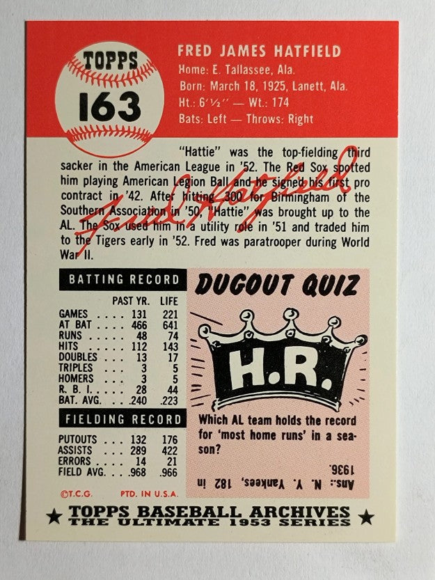 1991 Topps Archives '53 #163 Fred Hatfield
