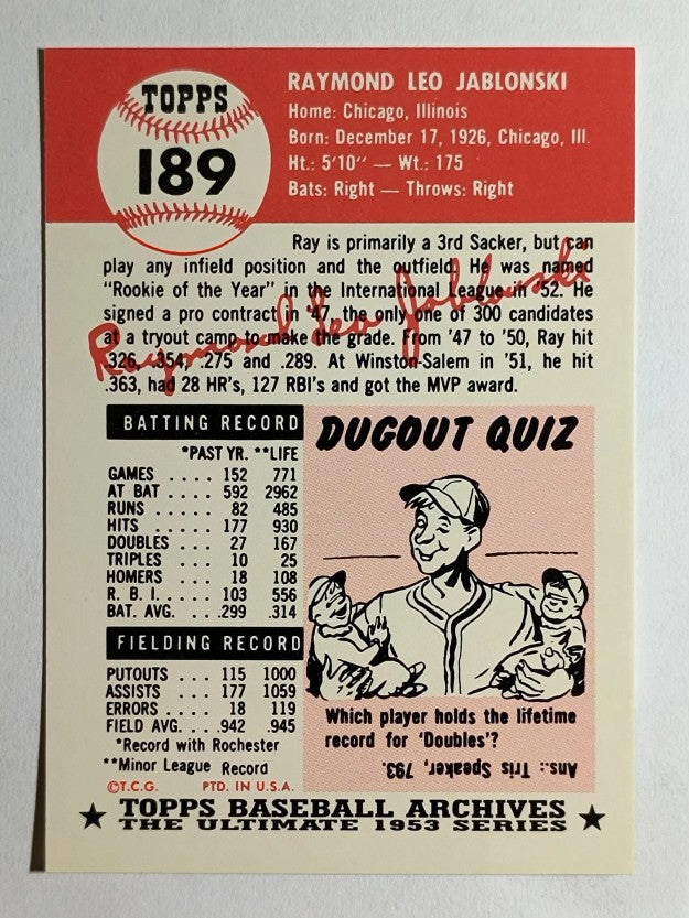1991 Topps Archives '53 #189 Ray Jablonski