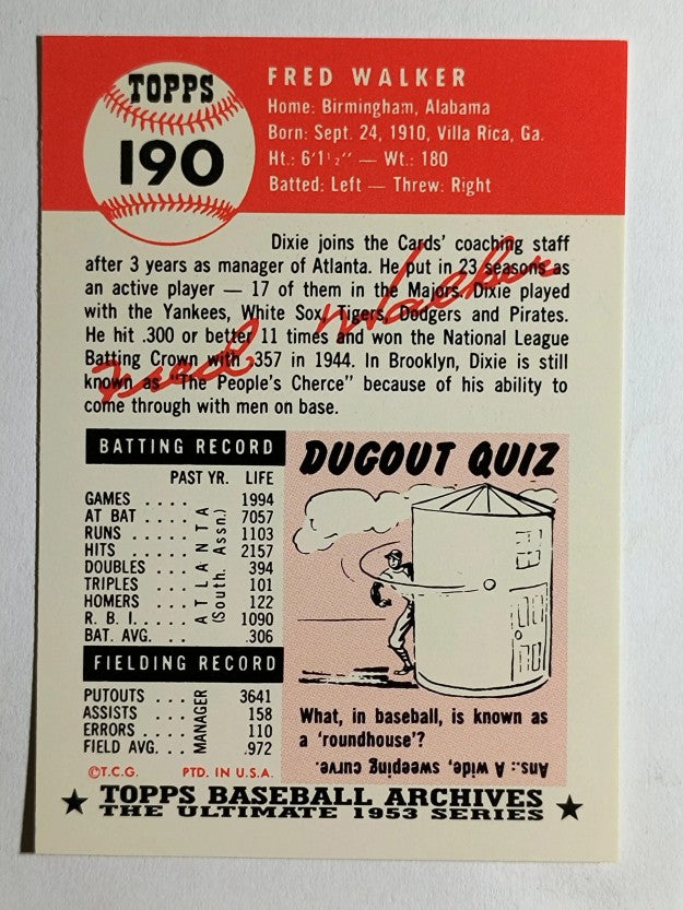 1991 Topps Archives '53 #190 Dixie Walker CO