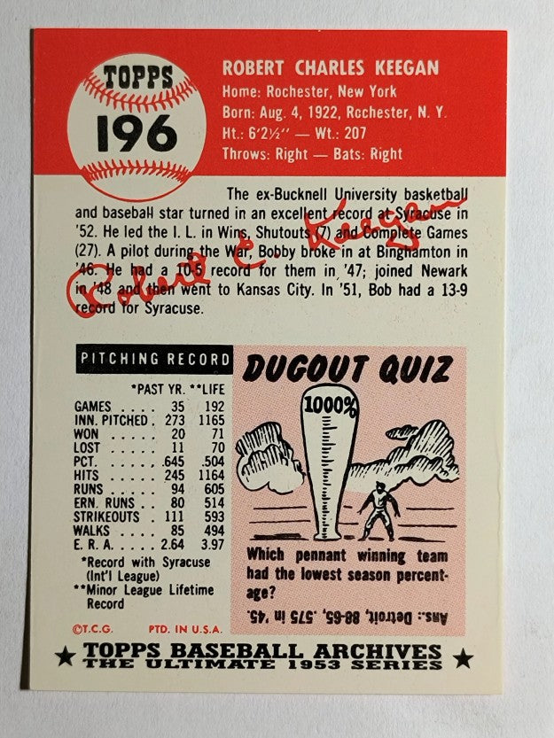 1991 Topps Archives '53 #196 Bob Keegan