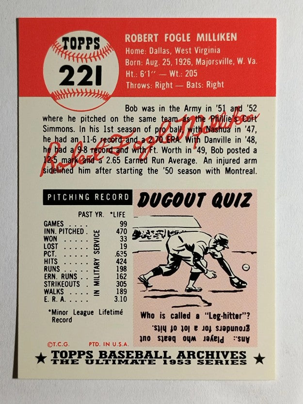1991 Topps Archives '53 #221 Bob Milliken