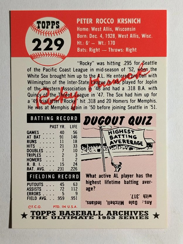 1991 Topps Archives '53 #229 Rocky Krsnich