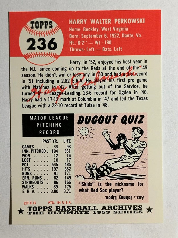 1991 Topps Archives '53 #236 Harry Perkowski