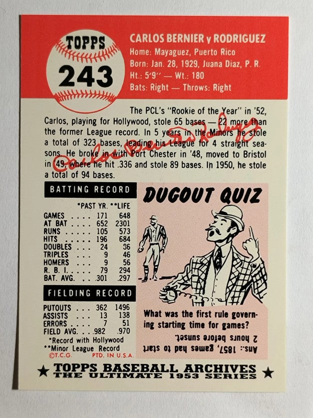1991 Topps Archives '53 #243 Carlos Bernier