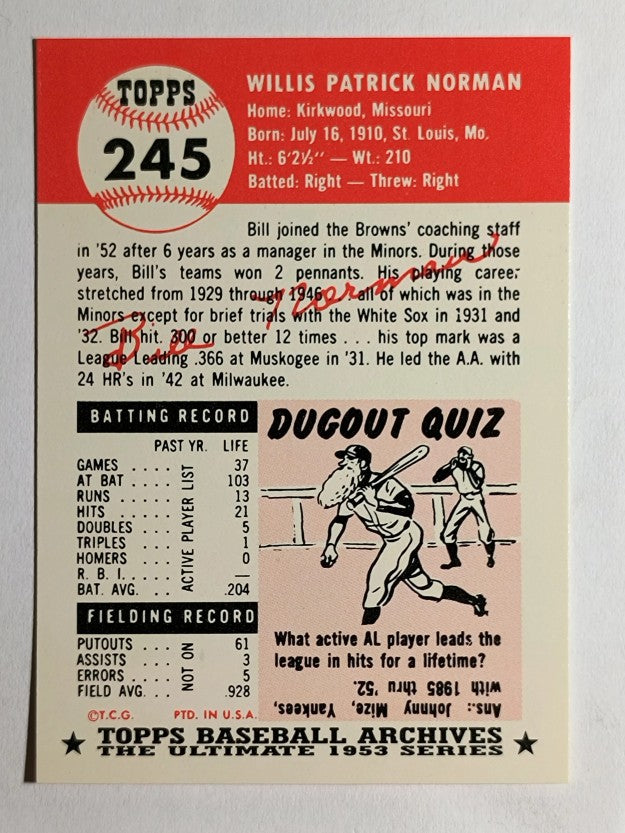 1991 Topps Archives '53 #245 Bill Norman CO