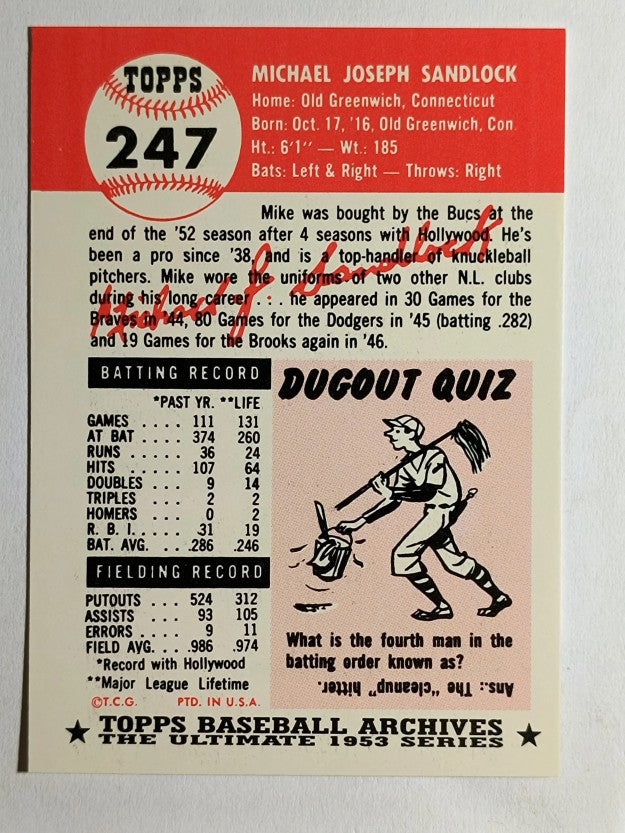 1991 Topps Archives '53 #247 Mike Sandlock