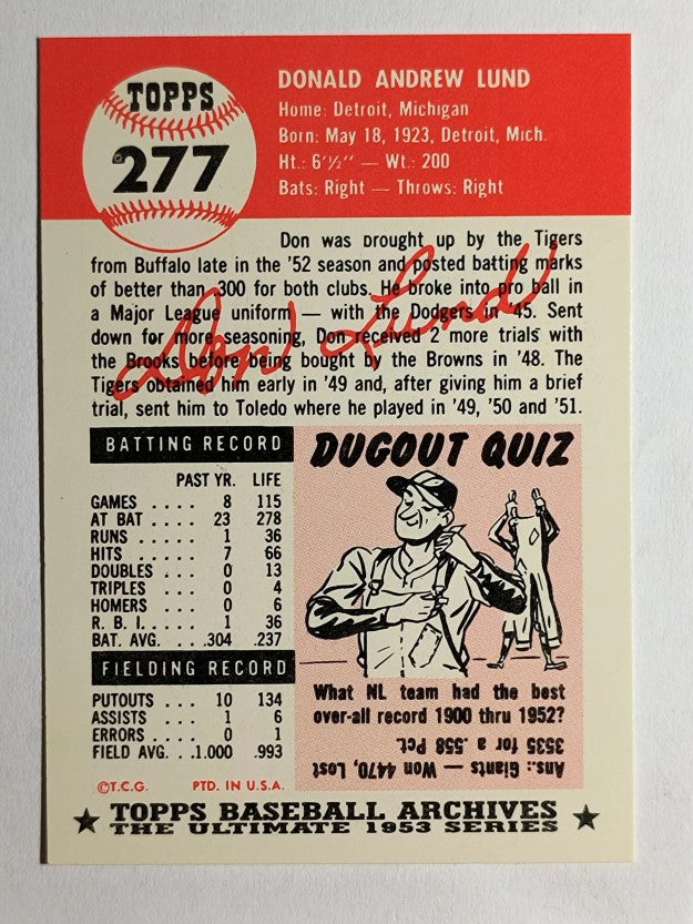 1991 Topps Archives '53 #277 Don Lund