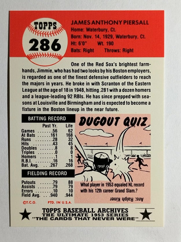 1991 Topps Archives '53 #286 Jimmy Piersall