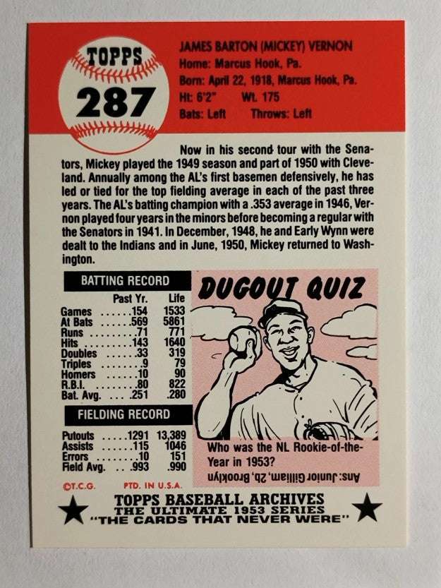 1991 Topps Archives '53 #287 Mickey Vernon