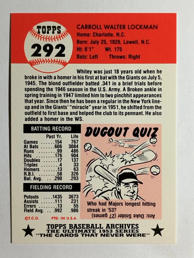 1991 Topps Archives '53 #292 Whitey Lockman