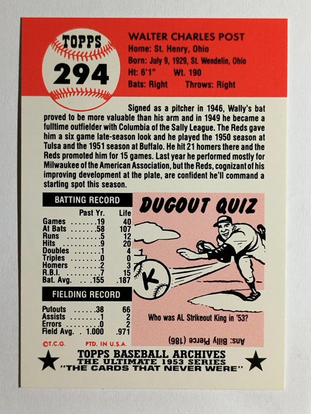 1991 Topps Archives '53 #294 Wally Post