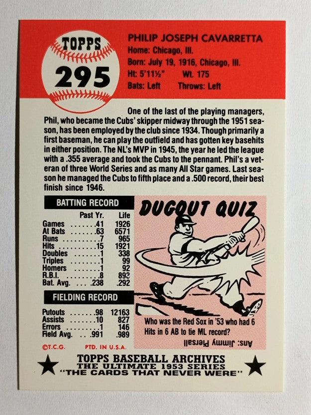1991 Topps Archives '53 #295 Phil Cavarretta MG