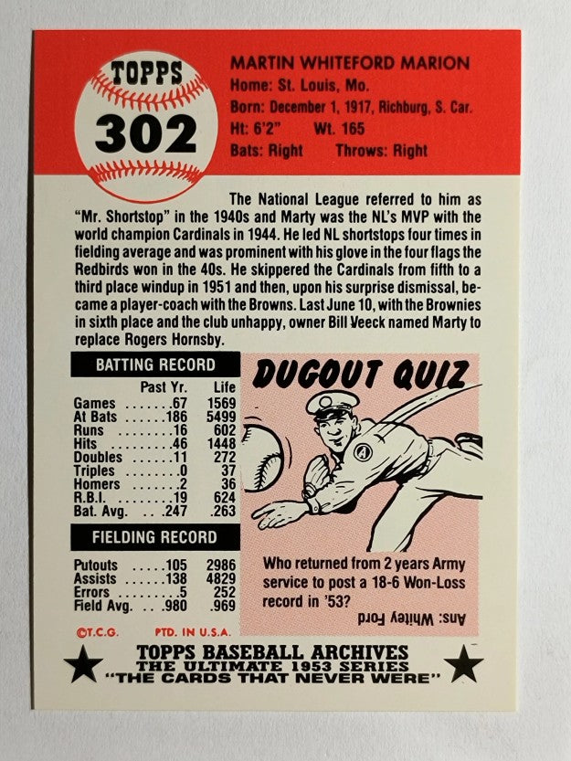 1991 Topps Archives '53 #302 Marty Marion