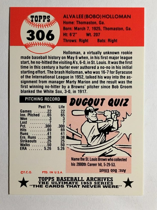 1991 Topps Archives '53 #306 Bobo Holloman