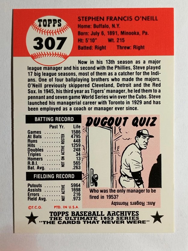 1991 Topps Archives '53 #307 Steve O'Neill MG
