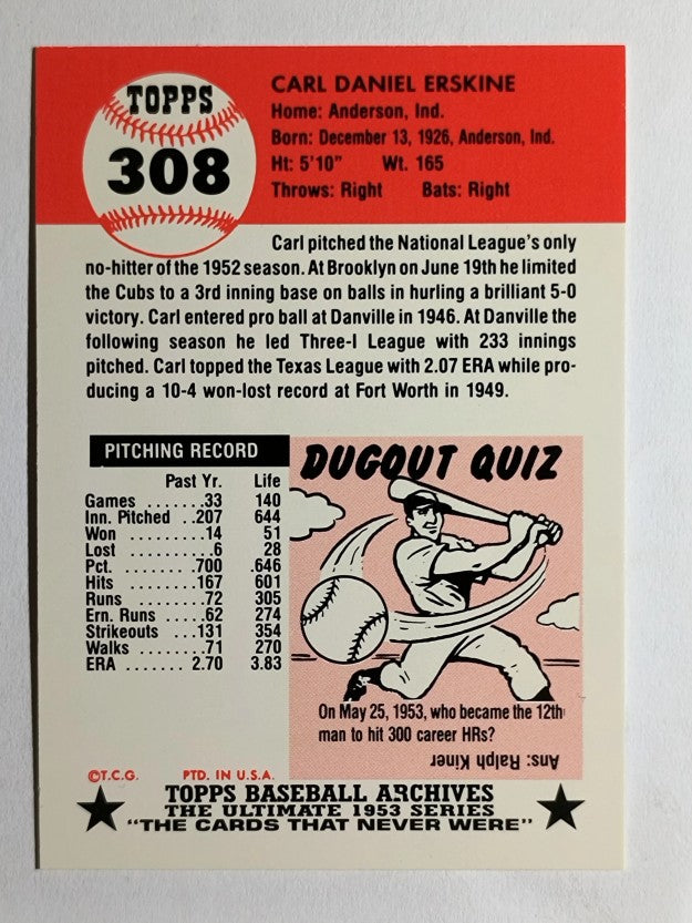 1991 Topps Archives '53 #308 Carl Erskine