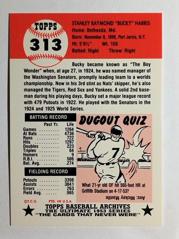 1991 Topps Archives '53 #313 Bucky Harris MG