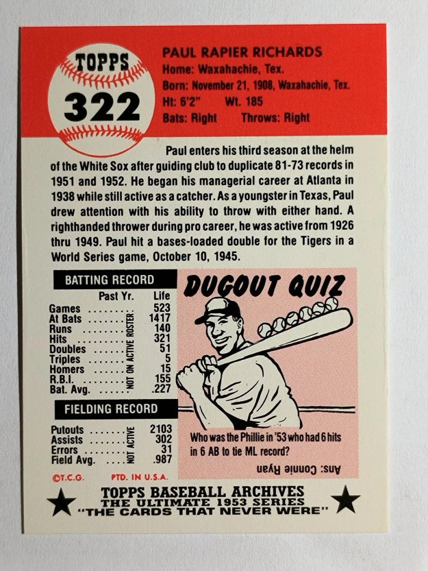 1991 Topps Archives '53 #322 Paul Richards MG