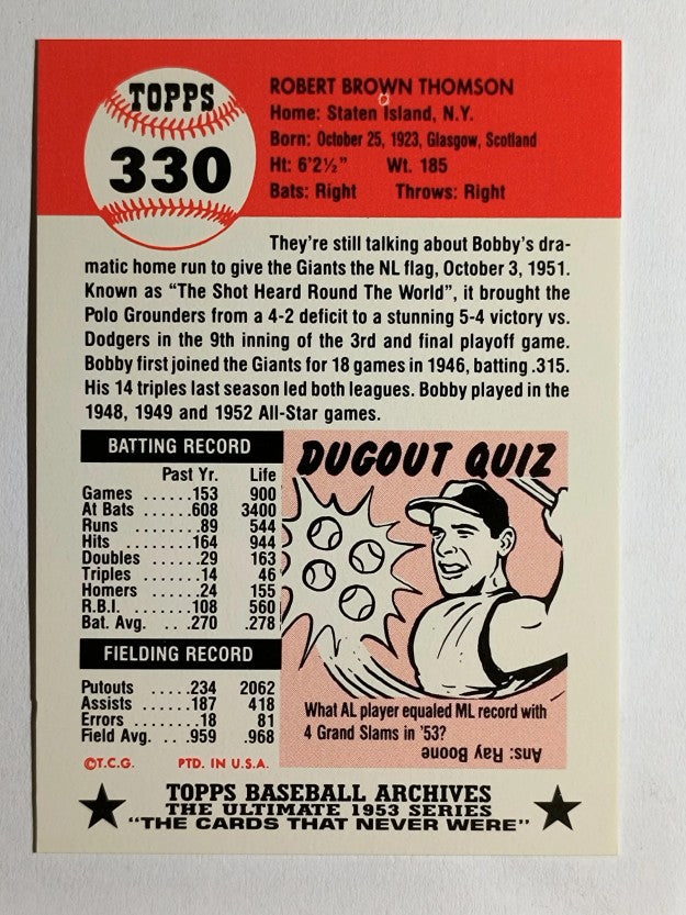 1991 Topps Archives '53 #330 Bobby Thomson