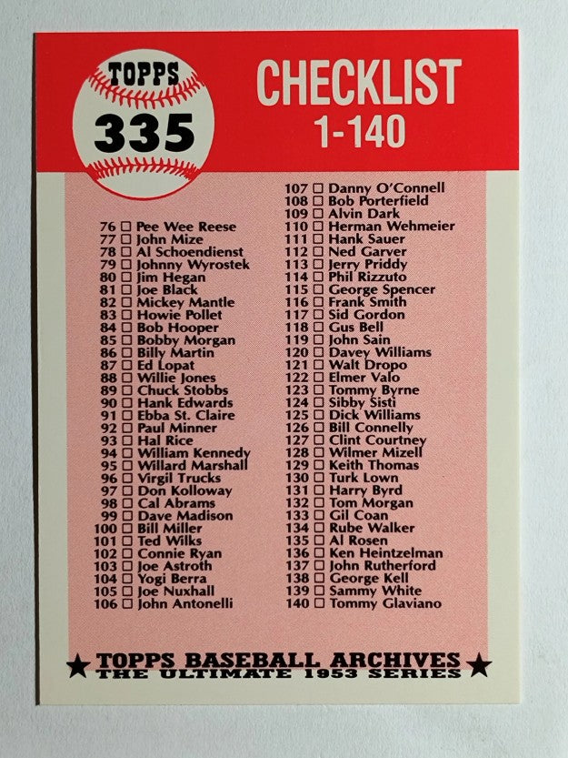 1991 Topps Archives '53 #335 Checklist 1-140