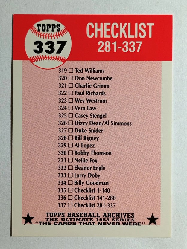 1991 Topps Archives '53 #337 Checklist 281-337