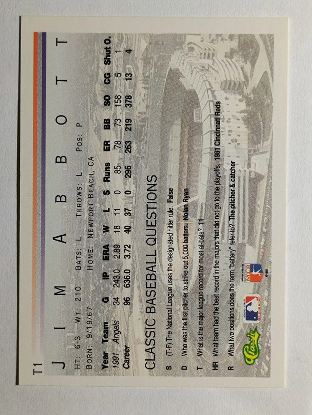 1992 Classic I #T1 Jim Abbott